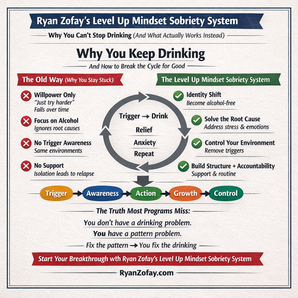 Infographic showing Ryan Zofay’s Level Up Mindset Sobriety System explaining why people struggle to stop drinking and how identity shift, root cause work, environment control, and accountability break the addiction cycle.