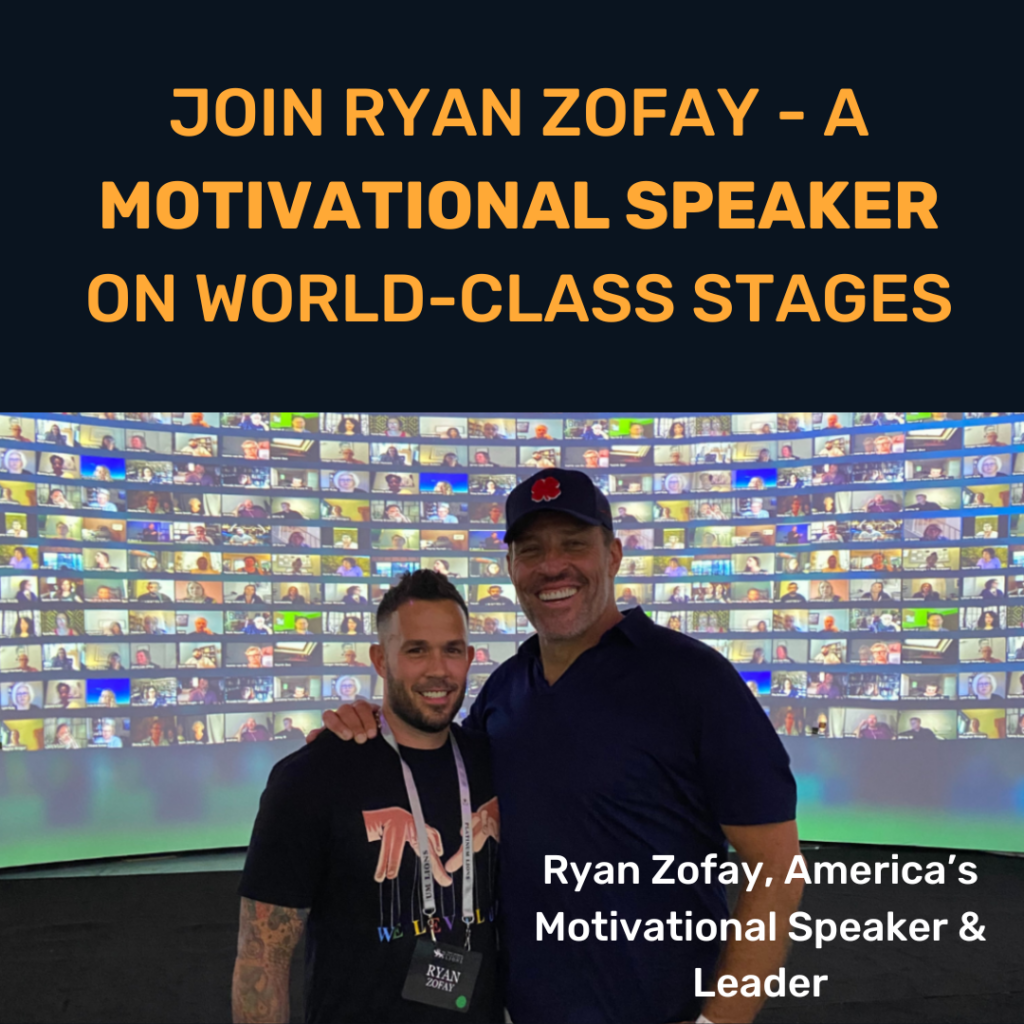 Ryan Zofay, American's motivational speaker is pictured on stage. Becoming a motivational speaker requires a blend of skills and dedication. Ryan began by learning and sharing the stage with great motivational speakers.