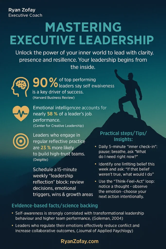 Master executive leadership science-based tactics with executive coach Ryan Zofay. So, what is executive coaching? It is a personal and professional development process. It aims to improve the leadership skills and performance of executives, senior leaders, and high-potential individuals.
