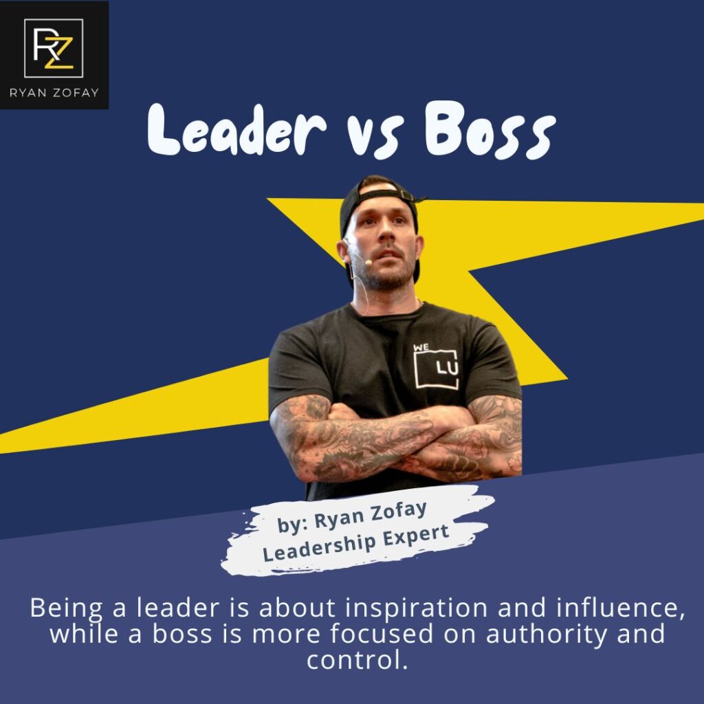 According to Ryan, Boss vs Leader is all about inspiration and influence when leading vs focus on authority and control as a boss. This succinct yet powerful boss vs leader quote underscores the essence of effective leadership—highlighting the importance of motivating others and fostering collaboration over mere enforcement of directives.