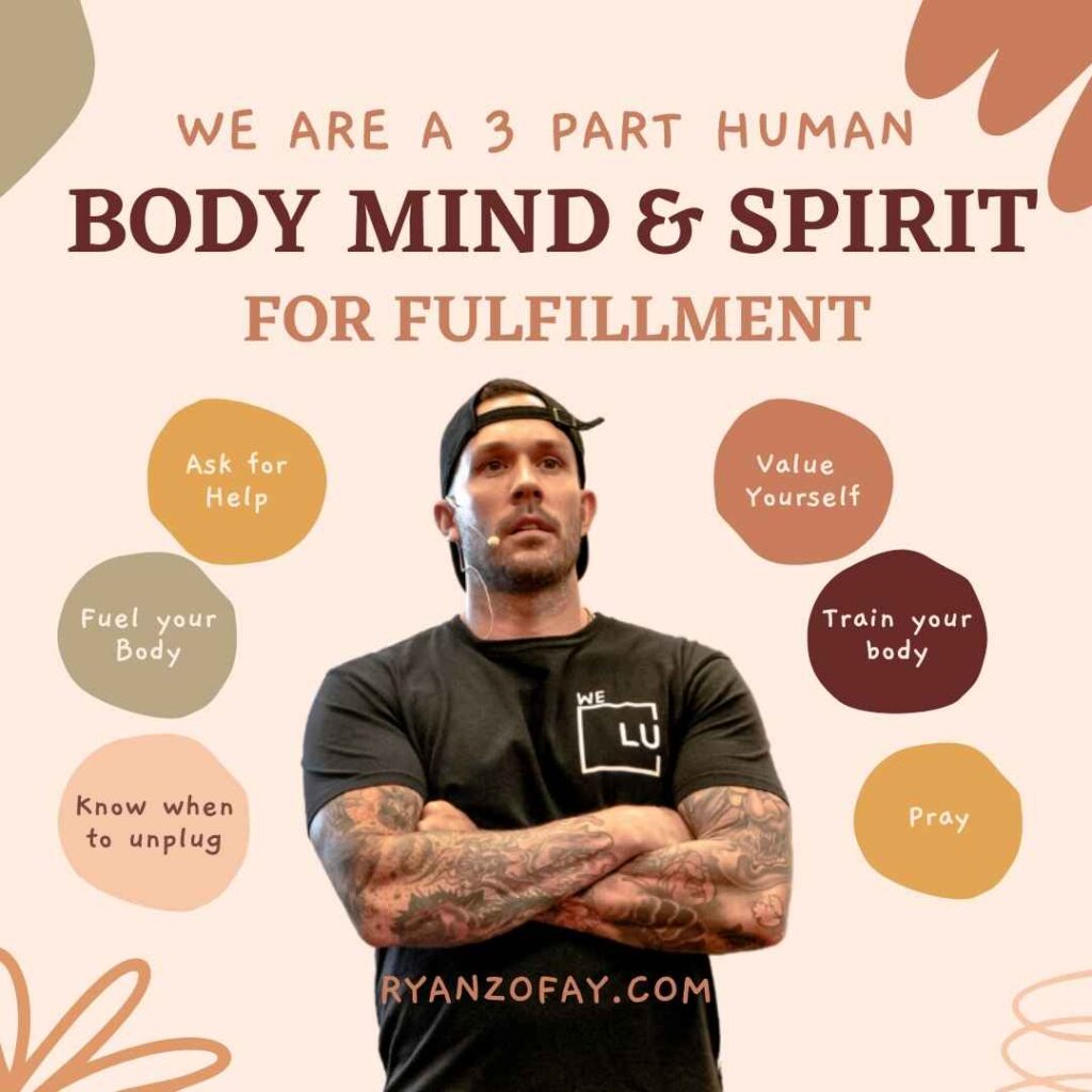 We are a 3 part human, body mind and spirit meaning and connection infographic presents six tips to improve fulfillment.