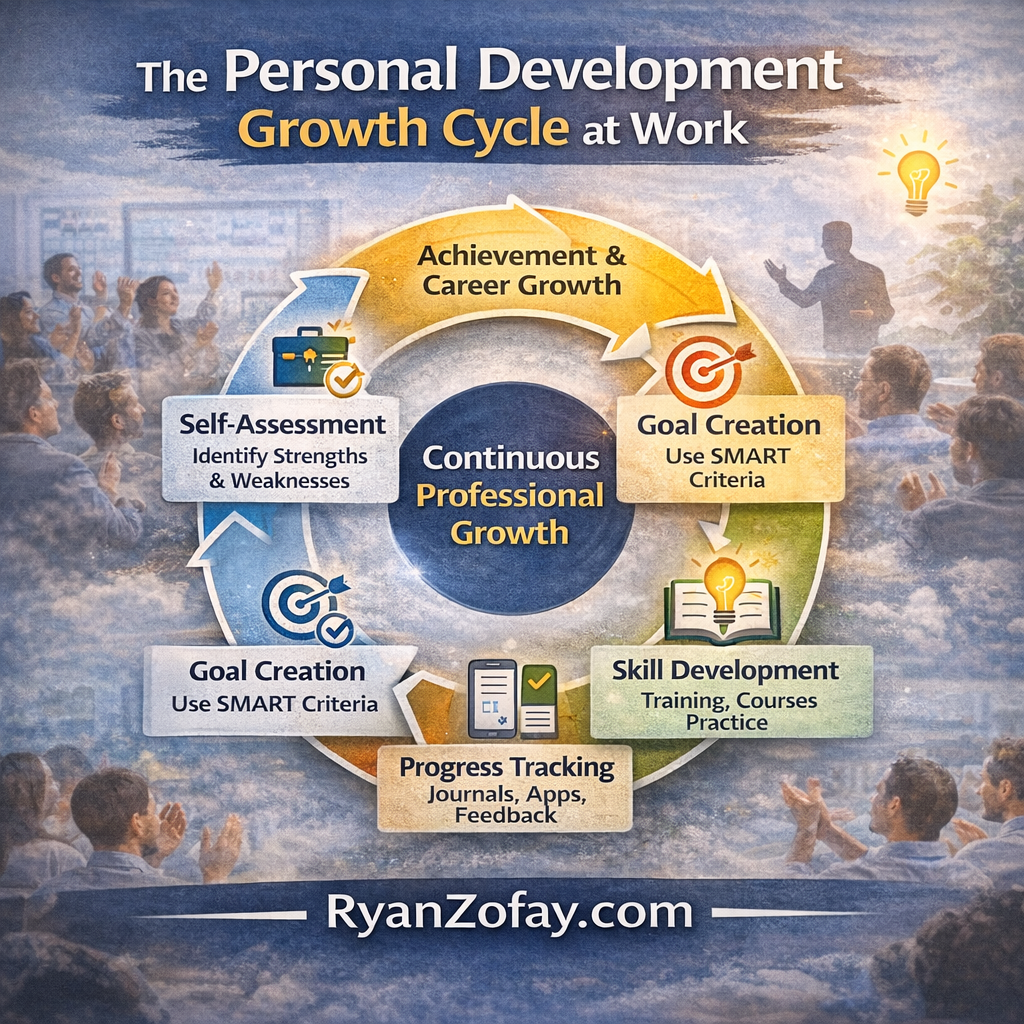 Personal development growth cycle at work infographic showing a circular process of self-assessment, goal creation, skill development, progress tracking, and career growth from RyanZofay.com.
