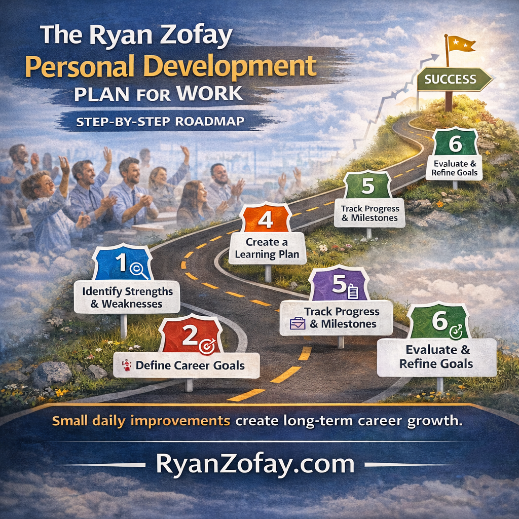 The Ryan Zofay personal development plan for work is a step-by-step roadmap for career growth. It includes finding strengths, setting goals, learning new skills, tracking progress, and updating goals.