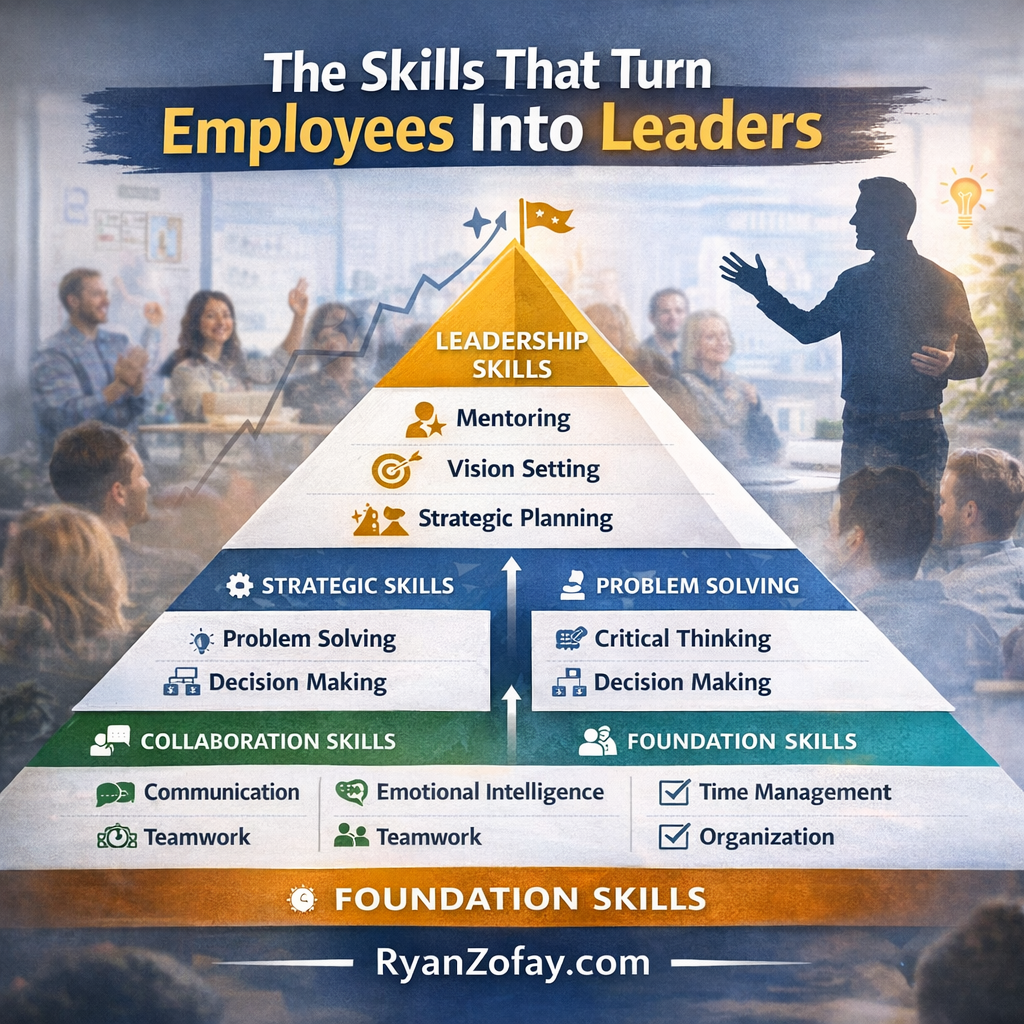 Infographic pyramid of workplace skills for high performers including time management, communication, problem solving, and leadership skills.