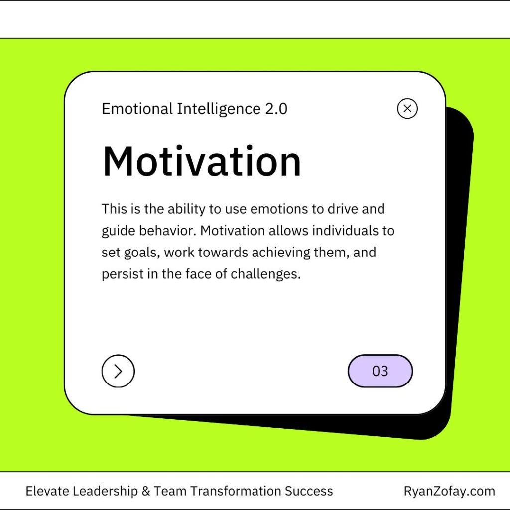 Emotional intelligence 2.0 Travis Bradberry ​Book EI principle #3: Motivation - Harnessing emotions to drive towards goals with perseverance and passion.