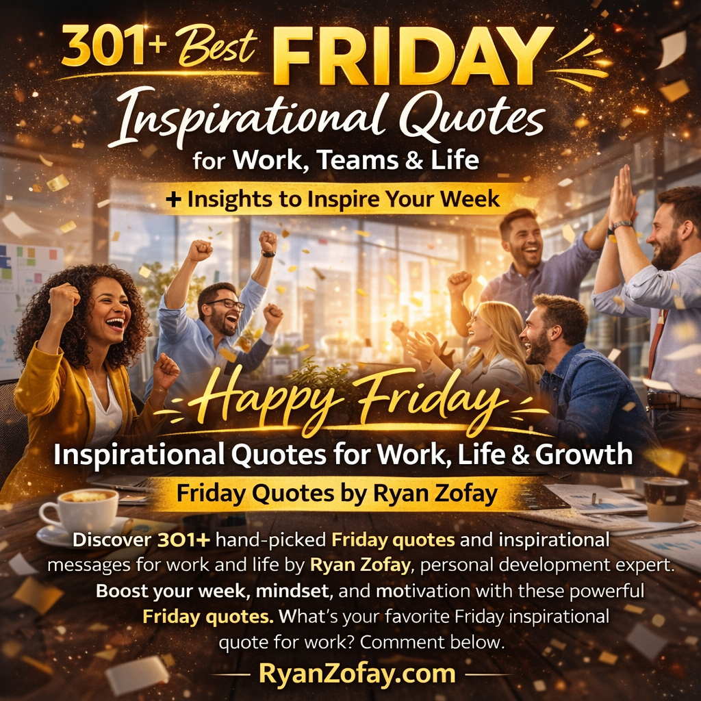 301+ Best Friday inspirational quotes for work, teams and life graphic. Featuring a happy office team celebrating, Happy Friday message and Friday Quotes by Ryan Zofay. Promoting motivational insights for work, life and growth.