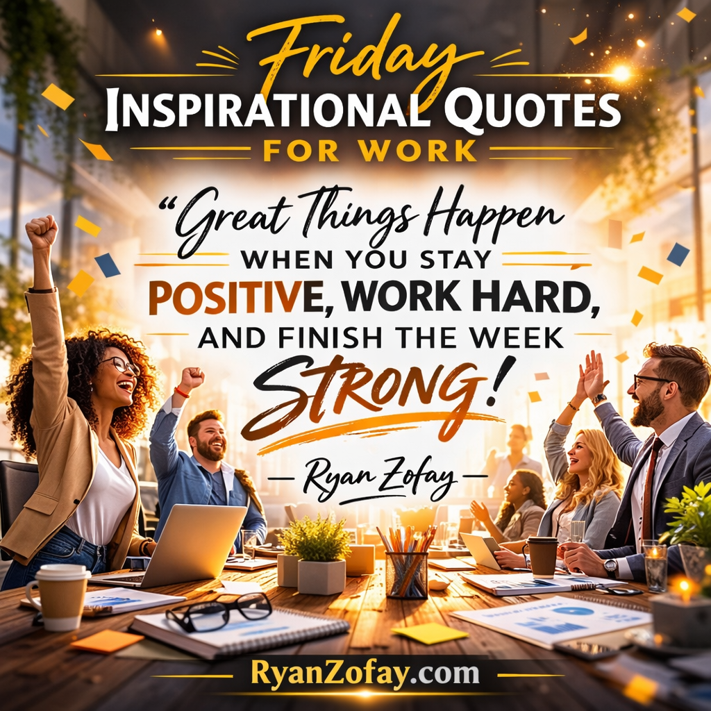 Friday inspirational quotes for work graphic featuring a happy office team celebrating success with motivational quote by Ryan Zofay. Confronting Friday's hardships through resiliency foretells our ability to improvise adapt overcome.