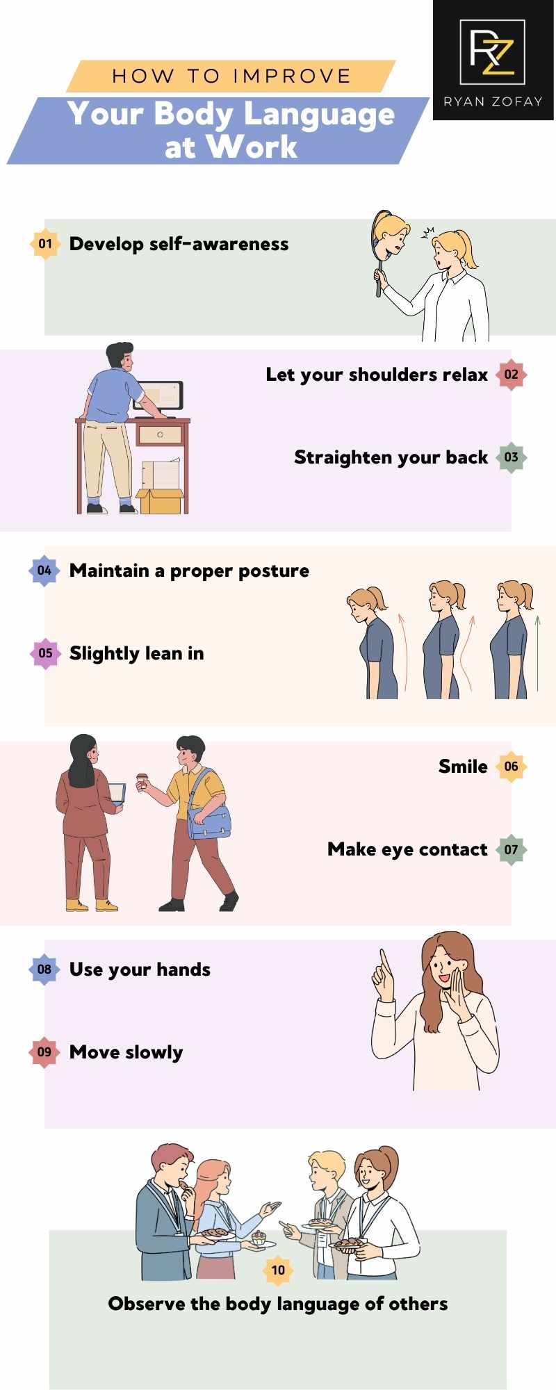 Improve Read Body Language at Work Infographic. 10 body language examples​ with tips on improving and reading body language at work or anywhere else.