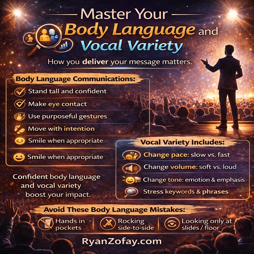 Body language and vocal variety public speaking infographic with delivery tips.