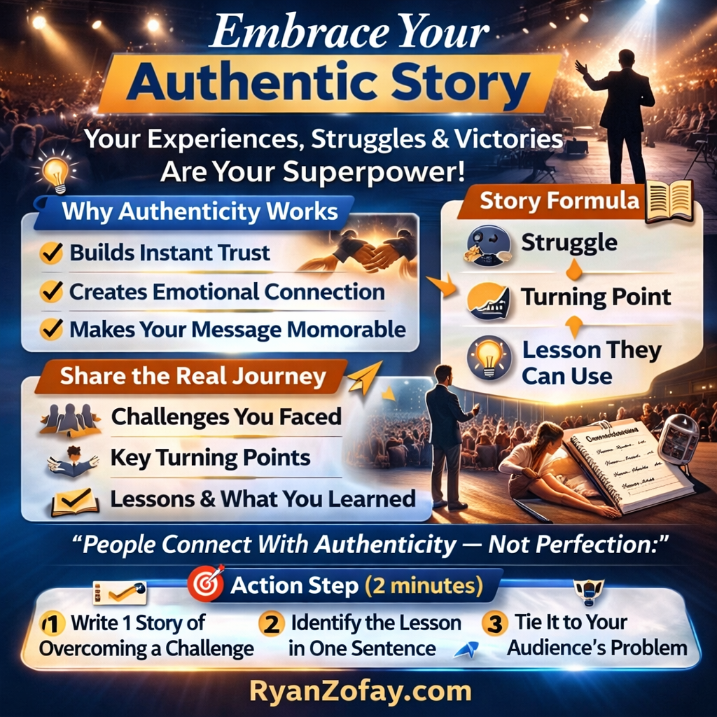 Embrace your authentic story public speaking infographic showing struggle turning point lesson formula with action steps by Ryan Zofay, professional motivational speaker.