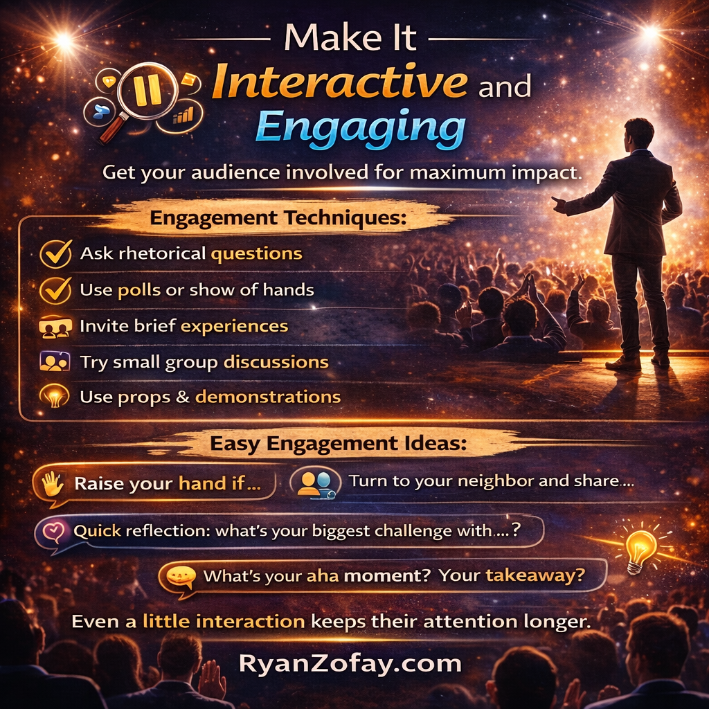 Public speaking tips audience engagement infographic with interactive steps.