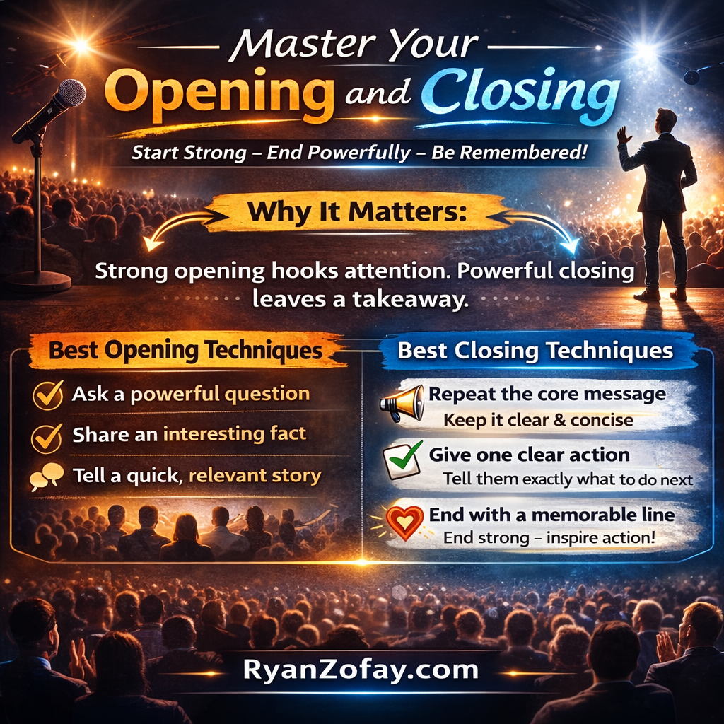 As a guest speaker I apply powerful public speaking tips. Like emotional hooks during opening and closings.