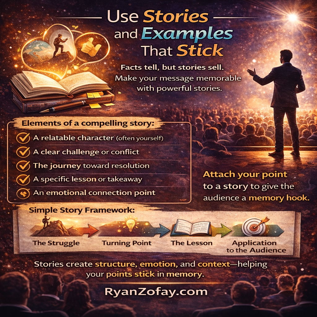 Storytelling public speaking tips infographic with memory hook framework.