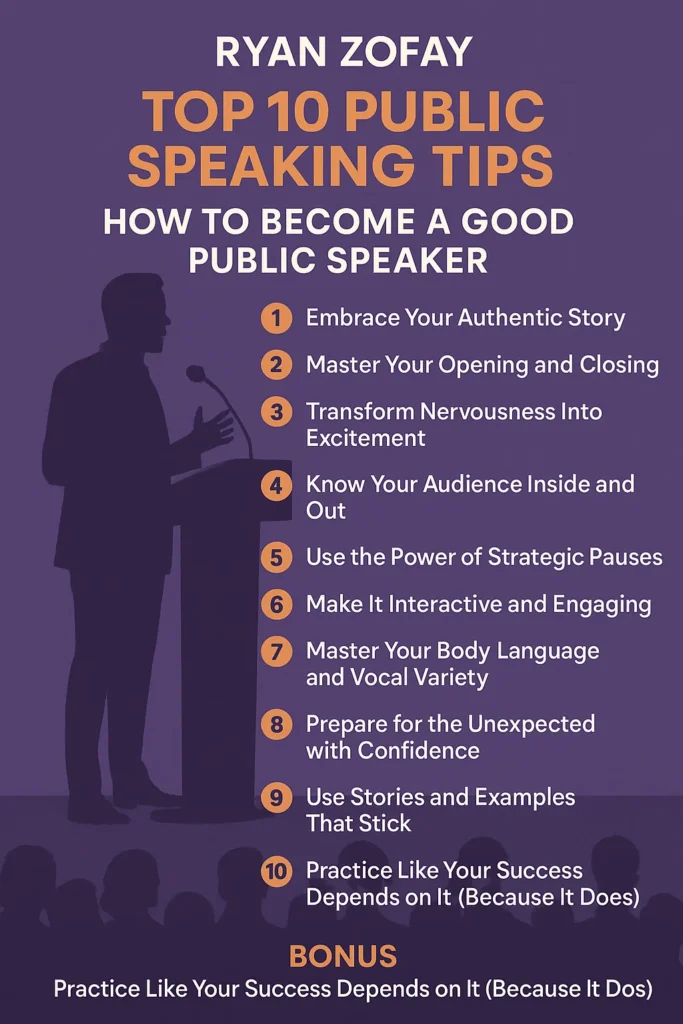 Infographic of Ryan Zofay's Top 10 Public Speaking Tips. Uncover How to Become a Good Public Speaker. Plus, find my bonus public speaking tip​ for influencing any audience.