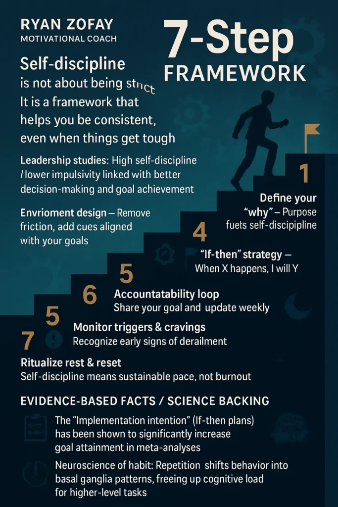 The definition for self discipline is that repetition moves behavior into basal ganglia patterns. Freeing up cognitive load for higher-level tasks. Above are the steps to gain discipline self discipline for next-level performance.