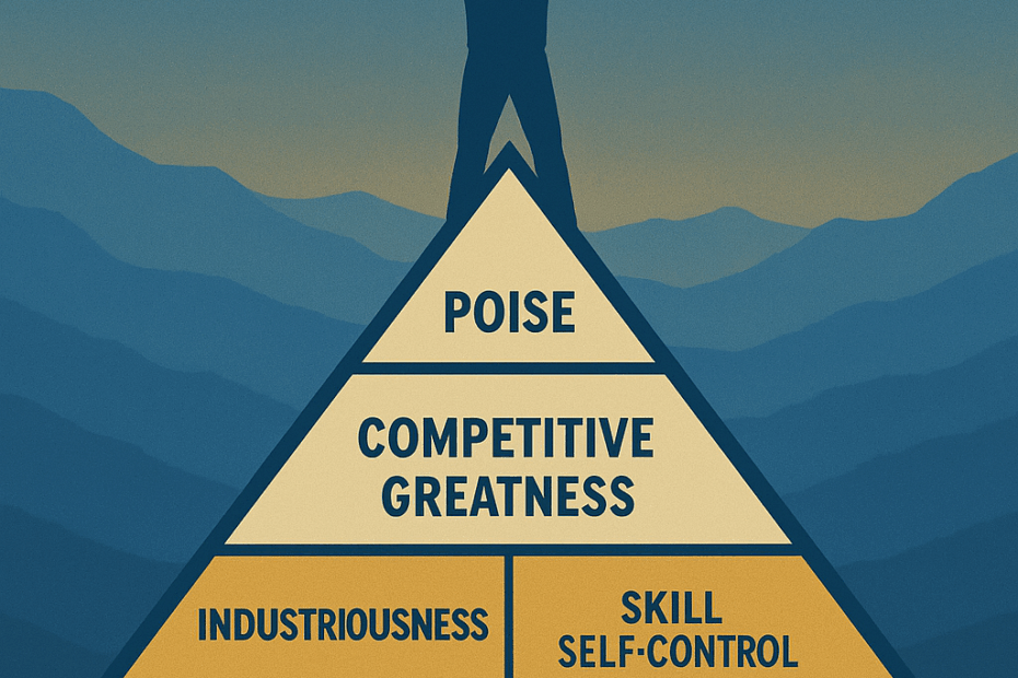 Enjoy this moderized version of coach John Wooden's pyramid of success poster. The John Wooden pyramid of success principles include Friendship, Loyalty, Cooperation, Skill, Poise, Confidence, and Competitive Greatness.