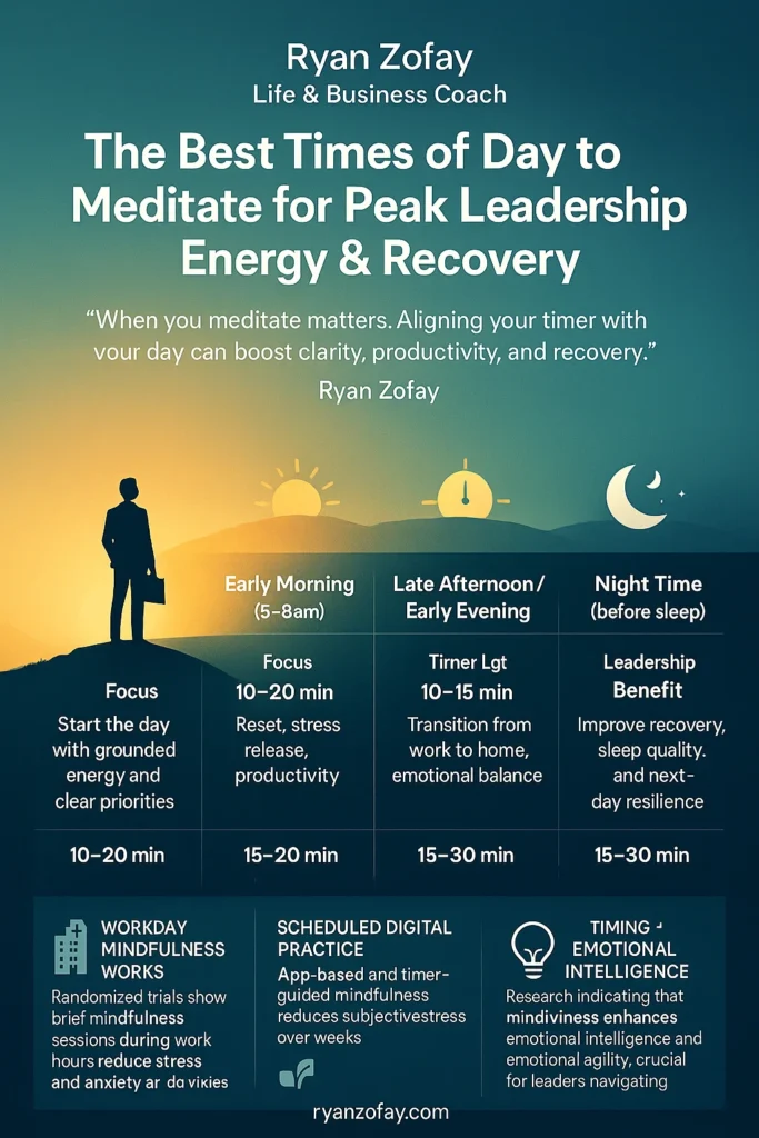 Infographic for the best times of day to meditate for peak leadership performance, energy & recovery.