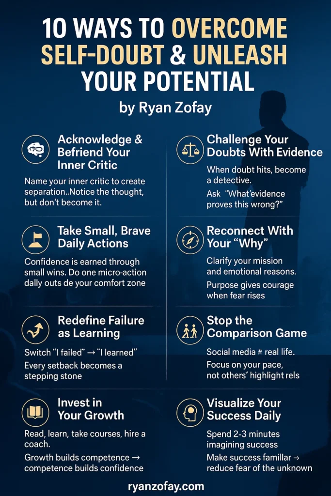 Uncover the best 10 Ways to Overcome Self-Doubt & Unleash Your Potential. Remember, “Self-doubt is a story, not a destiny.” – Ryan Zofay. And while “God has not given us a spirit of fear…” – 2 Tim 1:7, do not despair. Instead, read, learn, take courses, and hire a communications coach.