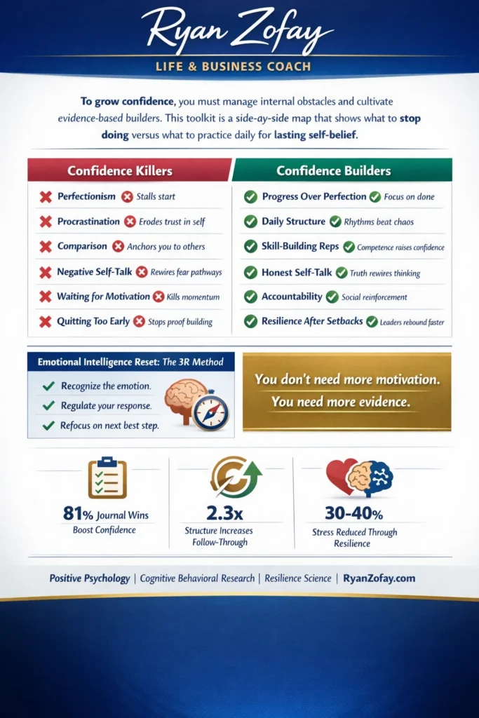 In believing in yourself, avoid confidence killers in place of confidence builders. Shred self-doubt. Overcome adversity. Apply a growth mindset with an attitude of gratitude.