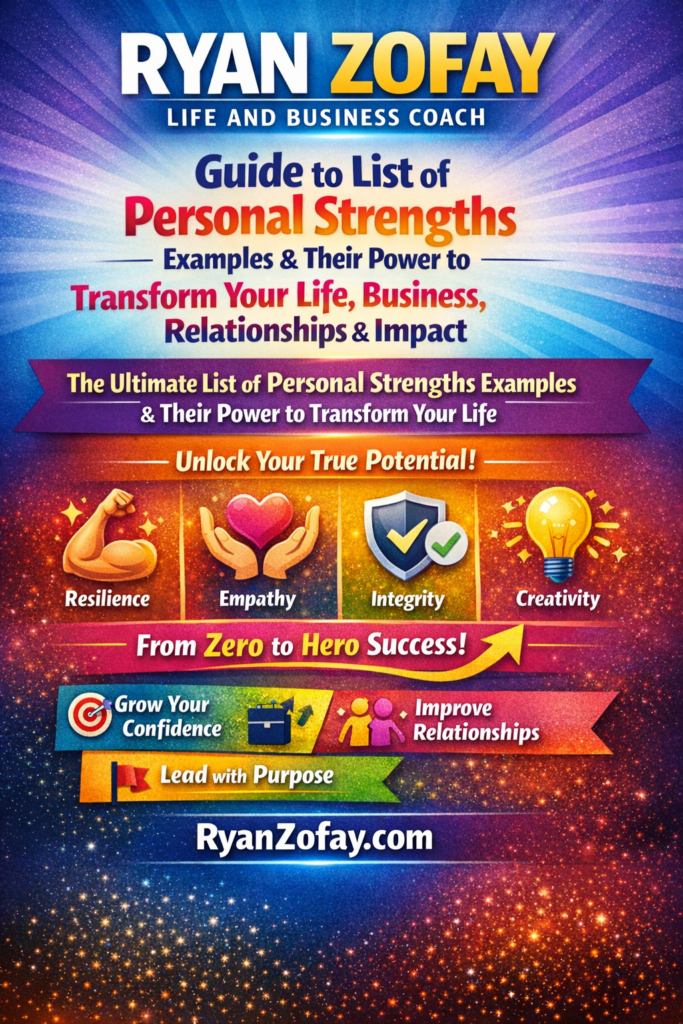 Guide to List of Personal Strengths Examples & Their Power to Transform Your Life, Business, Relationships with Impact.” Colorful icons show key strengths. Resilience is shown by a flexed arm. Empathy is represented by a heart in hands. Integrity is a shield with a checkmark. Creativity is symbolized by a light bulb. Callouts include “Unlock Your True Potential” and “From Zero to Hero Success.”