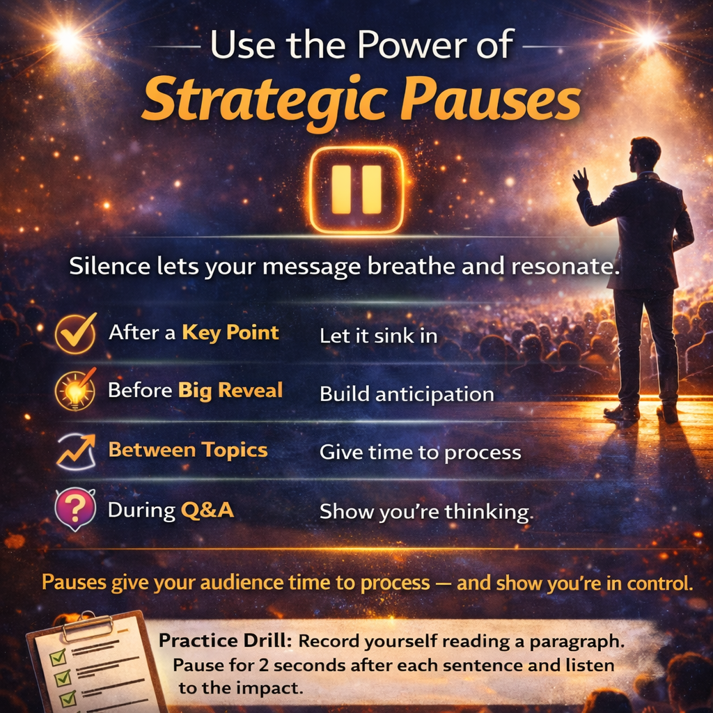 Public speaking tip, strategic pause infographic with timing tips and practice drill.