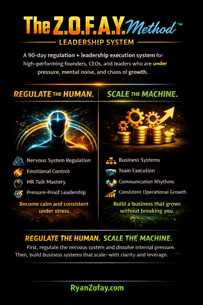 The Z.O.F.A.Y. Method™ is my leadership framework built to fix inner failures at the root. It begins with a 90-day leadership development training system for high-performing founders and CEOs who want calm authority, clean execution, and results that don’t cost peace.