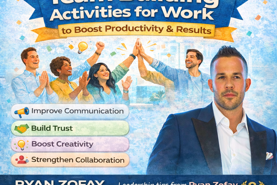 Infographic showing 101 team building activities for work to boost productivity and results, featuring leadership coach Ryan Zofay and workplace teamwork benefits.