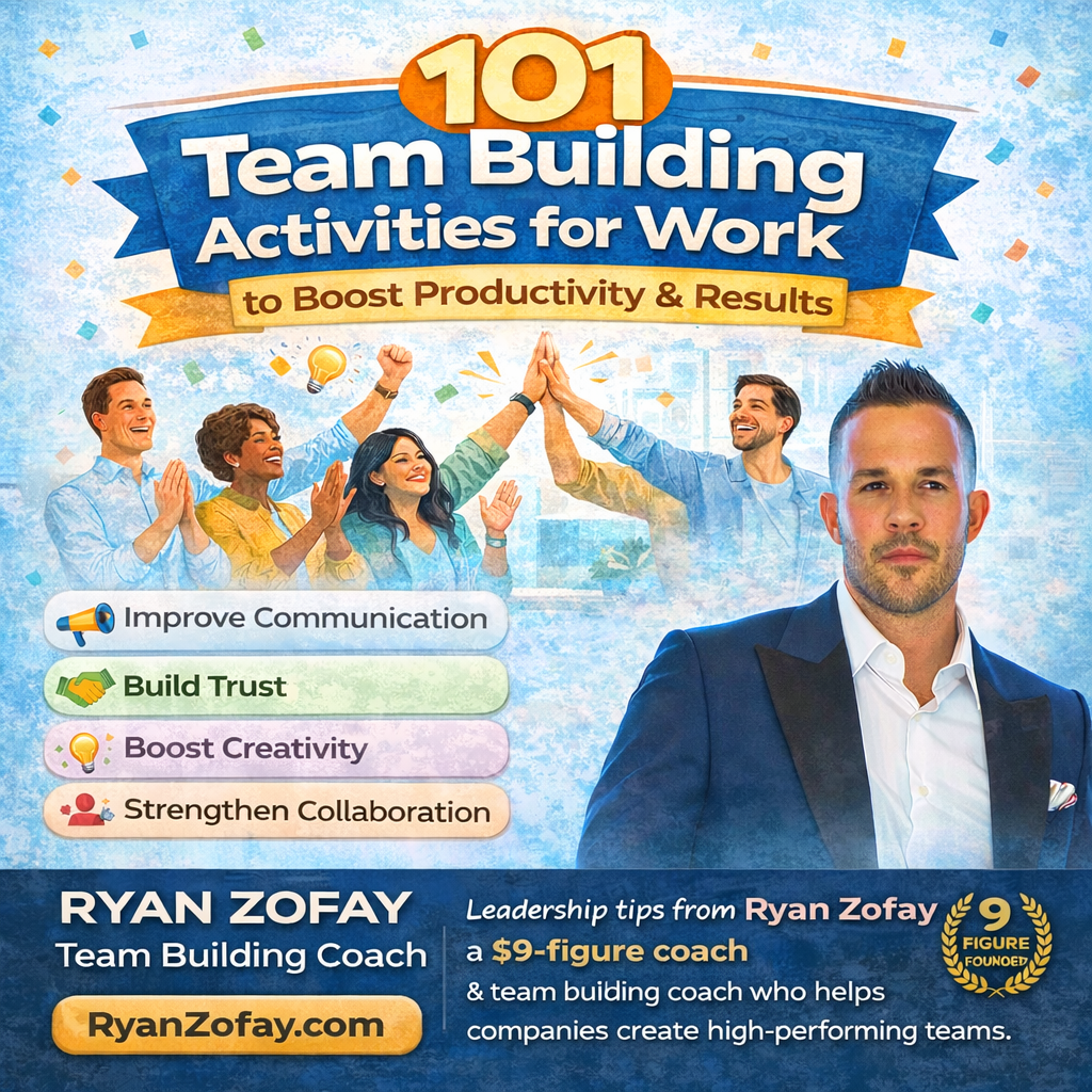 Infographic showing 101 team building activities for work to boost productivity and results, featuring leadership coach Ryan Zofay and workplace teamwork benefits.