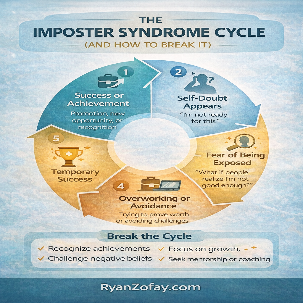Imposter syndrome cycle infographic showing five stages: success, self-doubt, fear of being exposed, overworking or avoidance, and temporary success. With steps to break the cycle and build confidence.