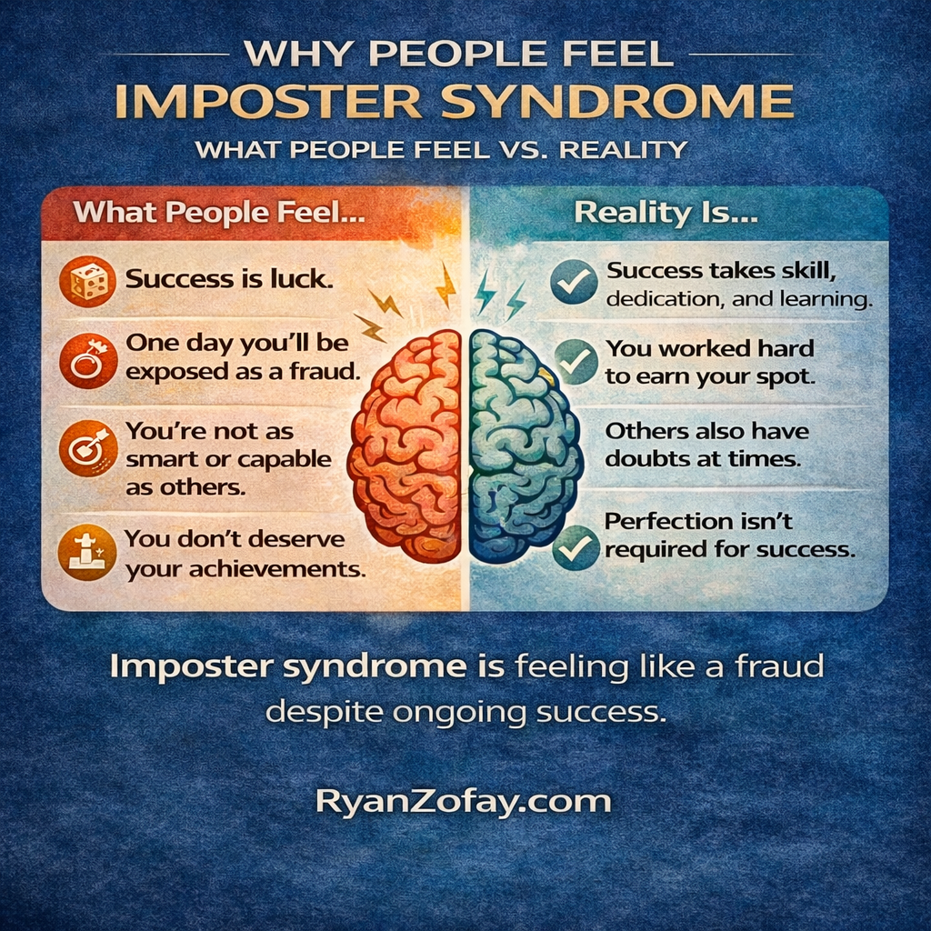 Imposter syndrome infographic showing what people feel versus the reality.