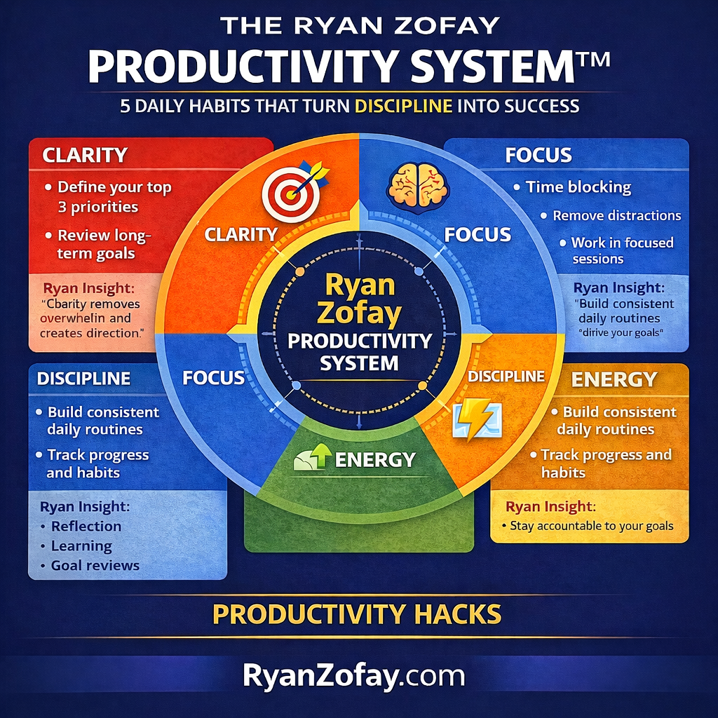 The Ryan Zofay Productivity System productivity hacks infographic. It illustrates the 5 steps for actionable tips for productivity at work improvement.