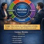 Infographic explaining how to answer the “what motivates you” interview question using impact, growth, and purpose motivation framework by Ryan Zofay