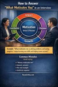 Infographic explaining how to answer the “what motivates you” interview question using impact, growth, and purpose motivation framework by Ryan Zofay