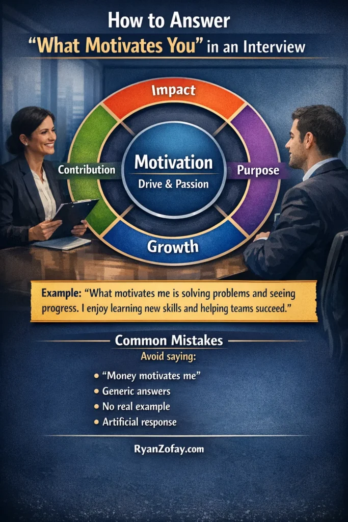 Infographic explaining how to answer the “what motivates you” interview question using impact, growth, and purpose motivation framework by Ryan Zofay