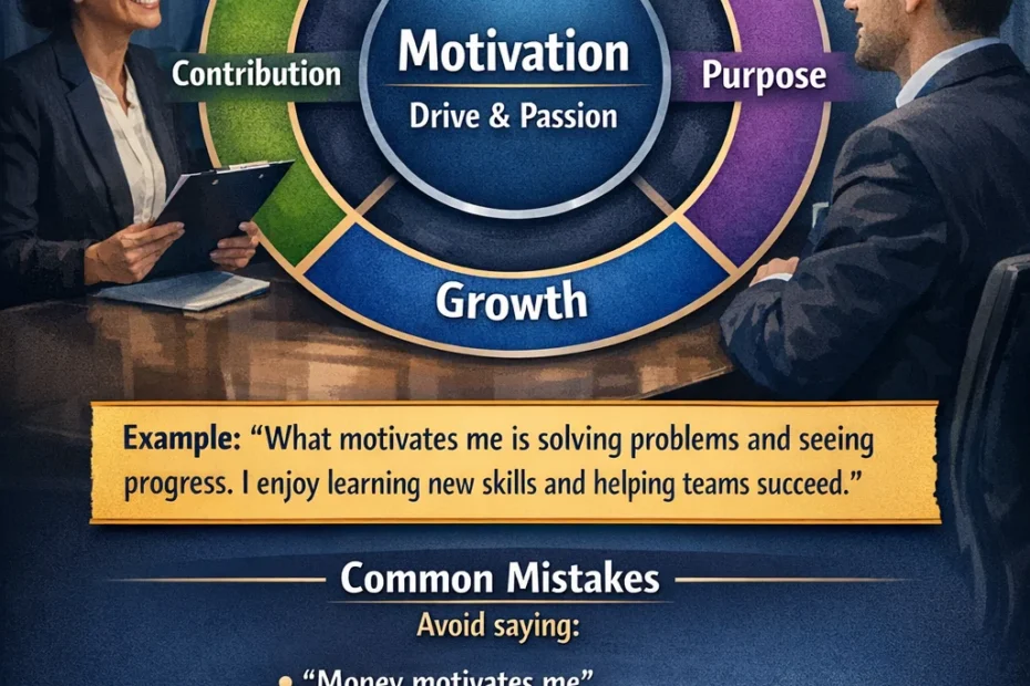 Infographic explaining how to answer the “what motivates you” interview question using impact, growth, and purpose motivation framework by Ryan Zofay