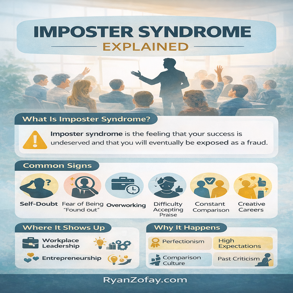 What is imposter syndrome? Definition, common signs, causes and where it appears infographic.