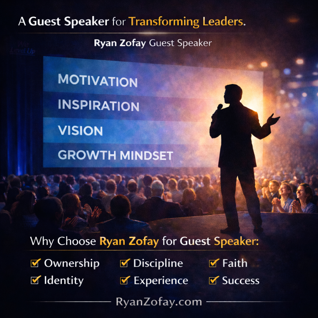 Why choose Ryan Zofay as your next guest speaker? Rely on me to deliver a high-impact keynote. I can speak at corporate conferences and other events. I keep audiences engaged with messages for motivation, inspiration, your vision, building a growth mindset. Highlighting ownership, discipline, faith, identity, your brand experience, and success.