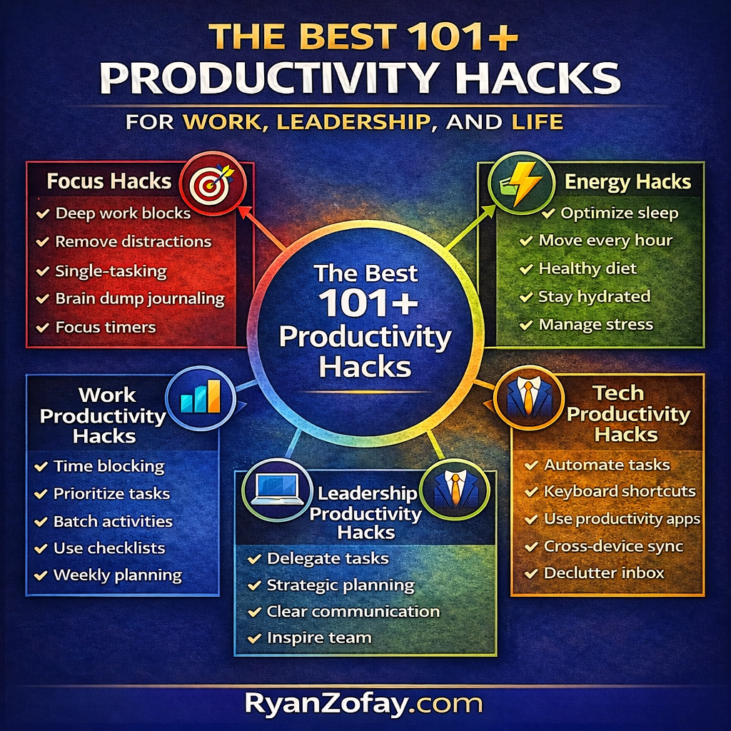 Discover my best 101+ Productivity Hacks infographic map. You’ll find empowering work productivity hacks, tech productivity hacks, leadership productivity hacks, and personal growth tips. Use them to improve your day.