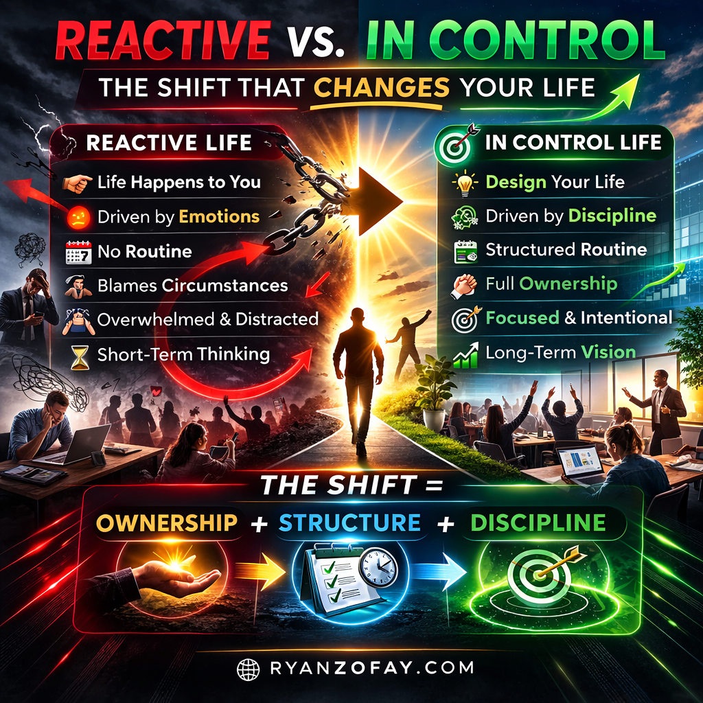 What Does It Mean to Take Control of Your Life? Infographic showing reactive vs in control life mindset with structure, discipline and ownership by Ryan Zofay