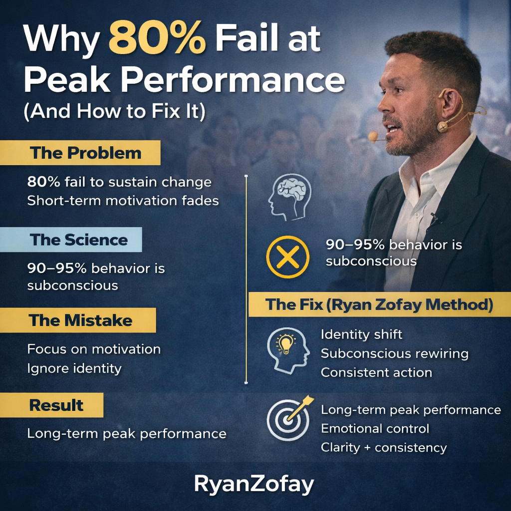 Infographic showing why 80% fail at peak performance, featuring Ryan Zofay explaining subconscious behavior, identity change, and strategies for lasting results