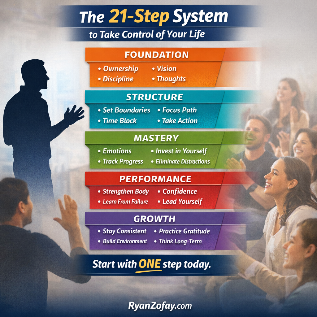 The Ryan Zofay 21 step system infographic showing how to take control of your life through structure, discipline, and personal growth.