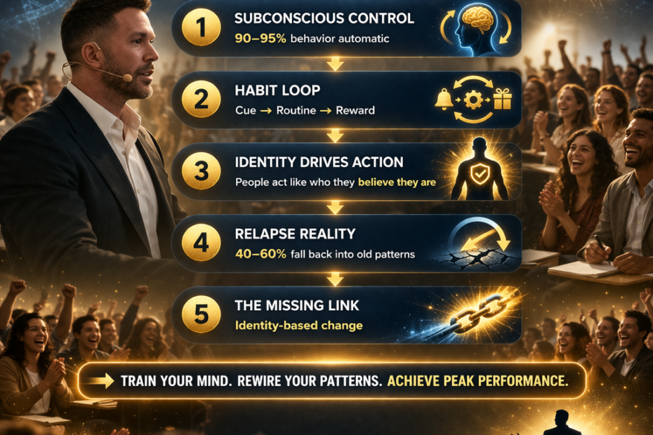 Infographic showing the science behind peak human performance including subconscious behavior, habit loops, identity change, and performance results explained by Ryan Zofay