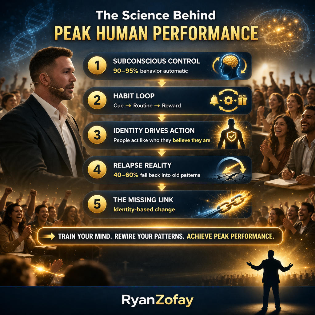 Infographic showing the science behind peak human performance including subconscious behavior, habit loops, identity change, and performance results explained by Ryan Zofay