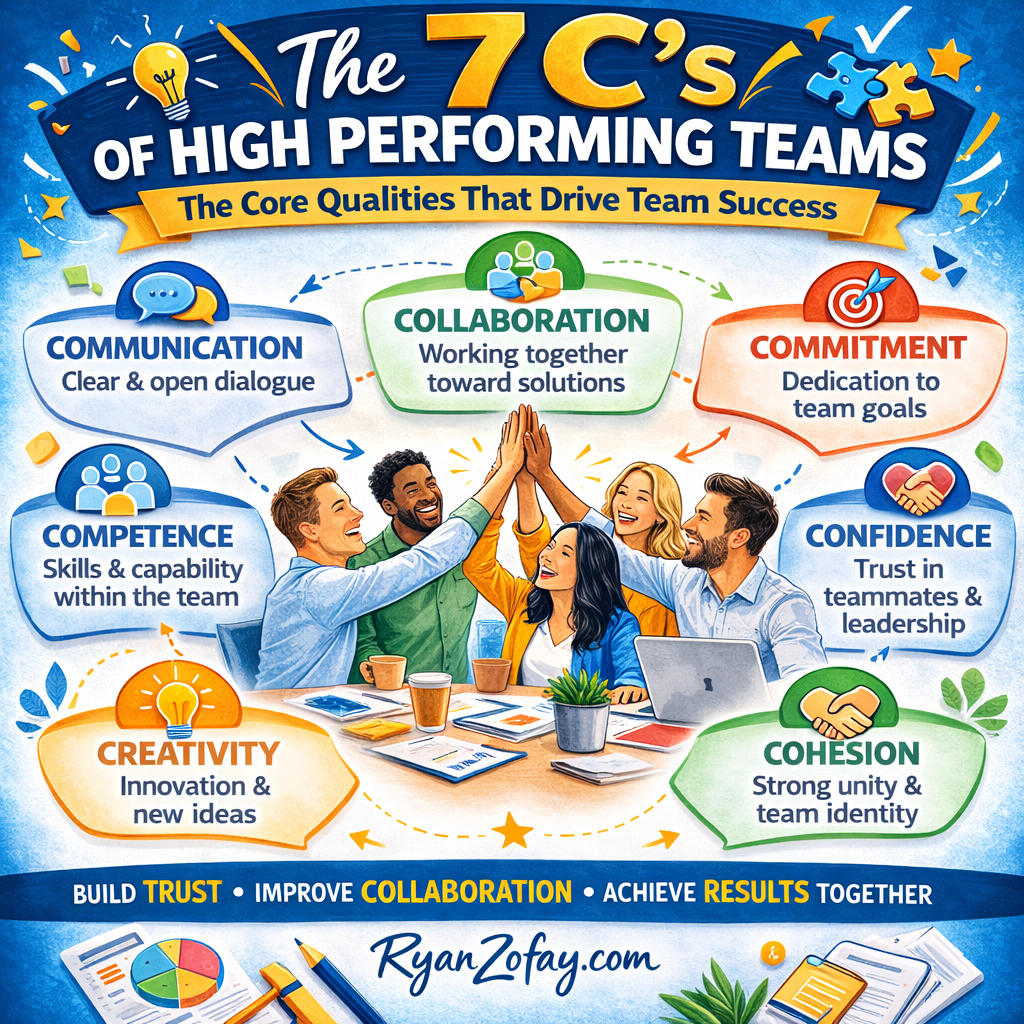 Infographic showing the 7 C’s of high performing teams applying communication, collaboration, commitment, competence, confidence, creativity, and cohesion, illustrated with a diverse team celebrating success and practical leadership tips from team building coach Ryan Zofay.