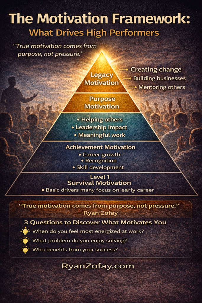 Infographic showing the motivation framework pyramid explaining what motivates you in life and work by Ryan Zofay