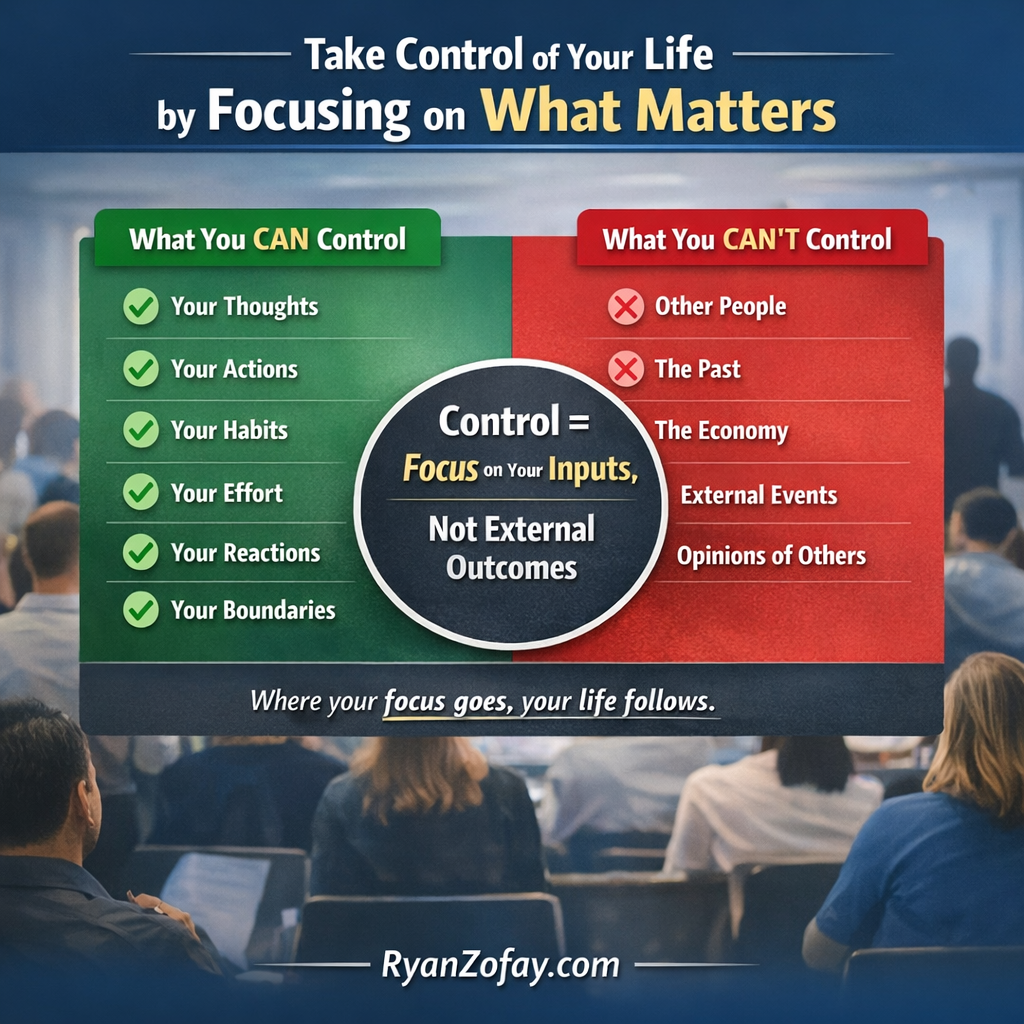 Infographic shows what you can control and what you cannot. It includes thoughts, actions, habits, and outside factors. Created by Ryan Zofay.