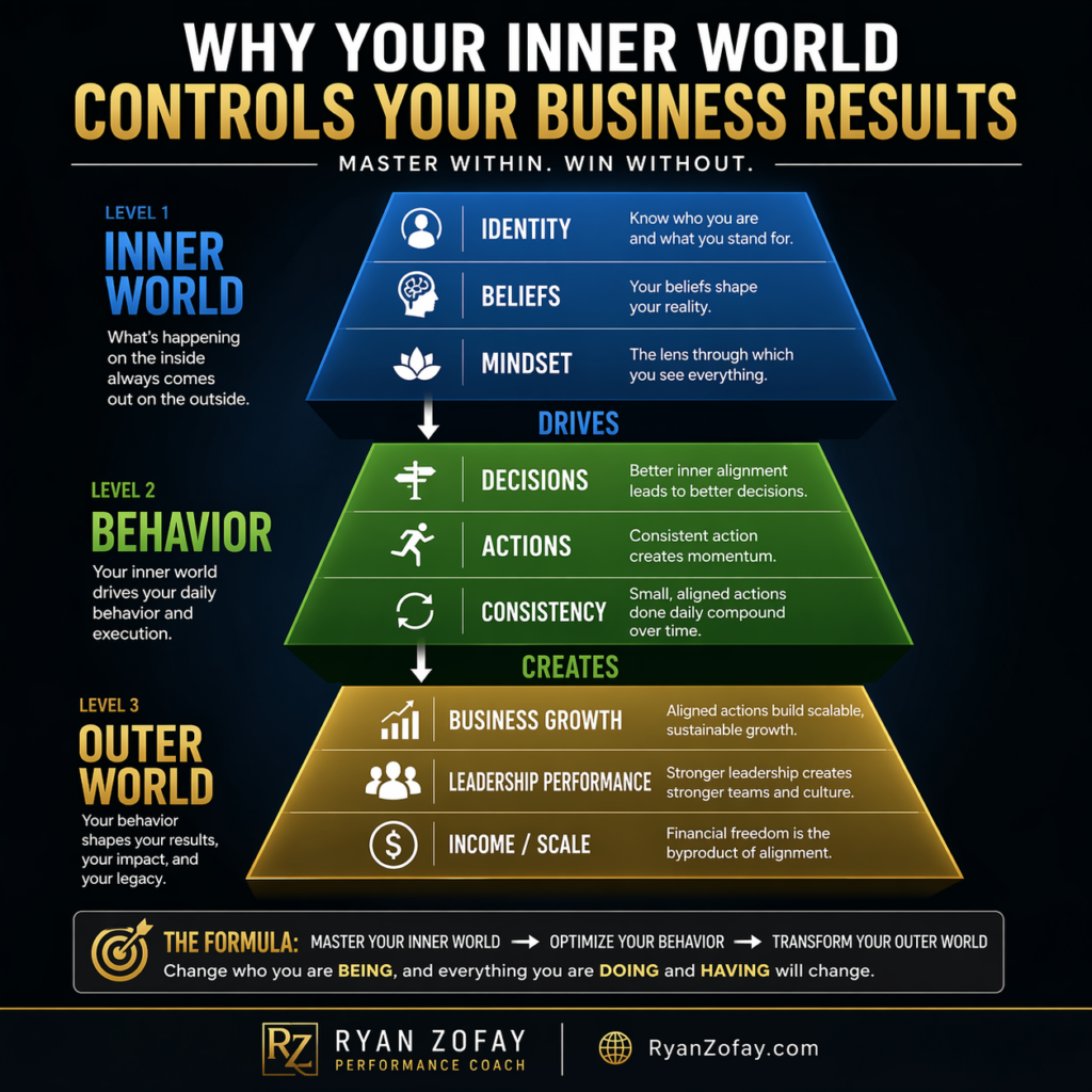 A visual infographic illustrating the Zofay Performance System, showing how inner world factors like identity, beliefs, and mindset drive behavior (decisions, actions, consistency), which in turn creates external results such as business growth, leadership performance, and income scalability.