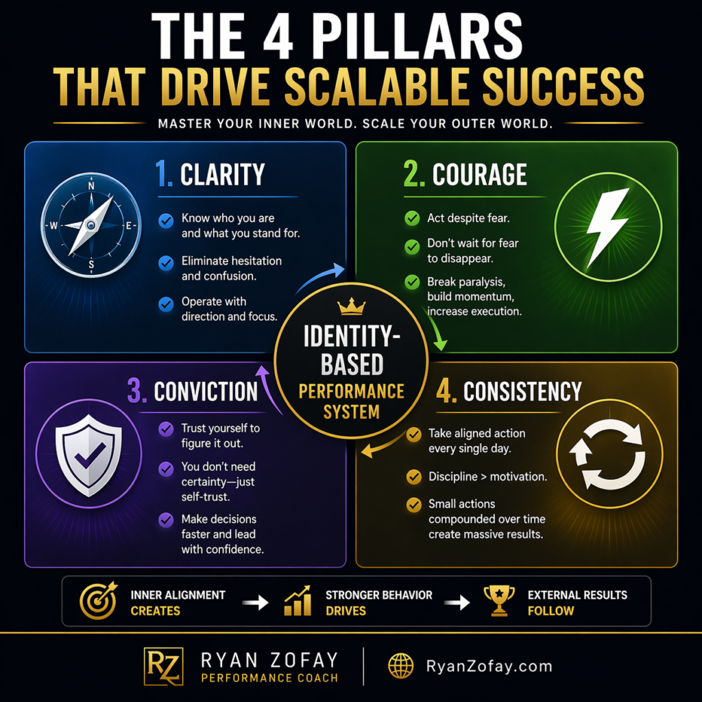 A quadrant-style infographic illustrating the Zofay Performance System, highlighting four core pillars: clarity (knowing who you are), courage (taking action despite fear), conviction (trusting yourself), and consistency (daily aligned action). At the center is identity-based performance, showing how internal alignment drives scalable success in leadership and business.